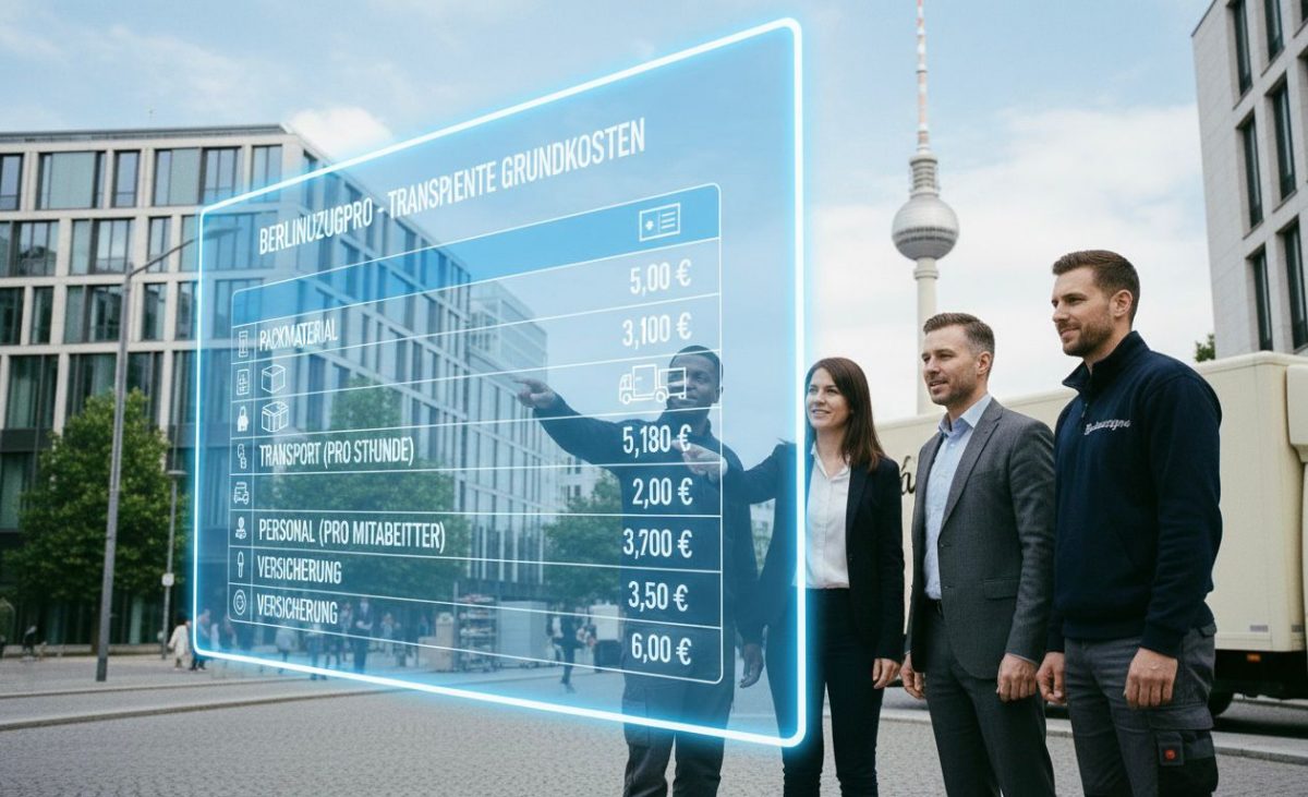 Übersicht der Grundkosten für einen professionellen Firmenumzug in Berlin ohne versteckte Gebühren.