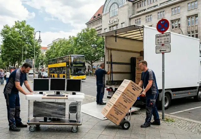 Professionelle Vorbereitung eines Firmenumzugs am Kurfürstendamm in Berlin-Charlottenburg mit sicherem Transport von Büromöbeln
