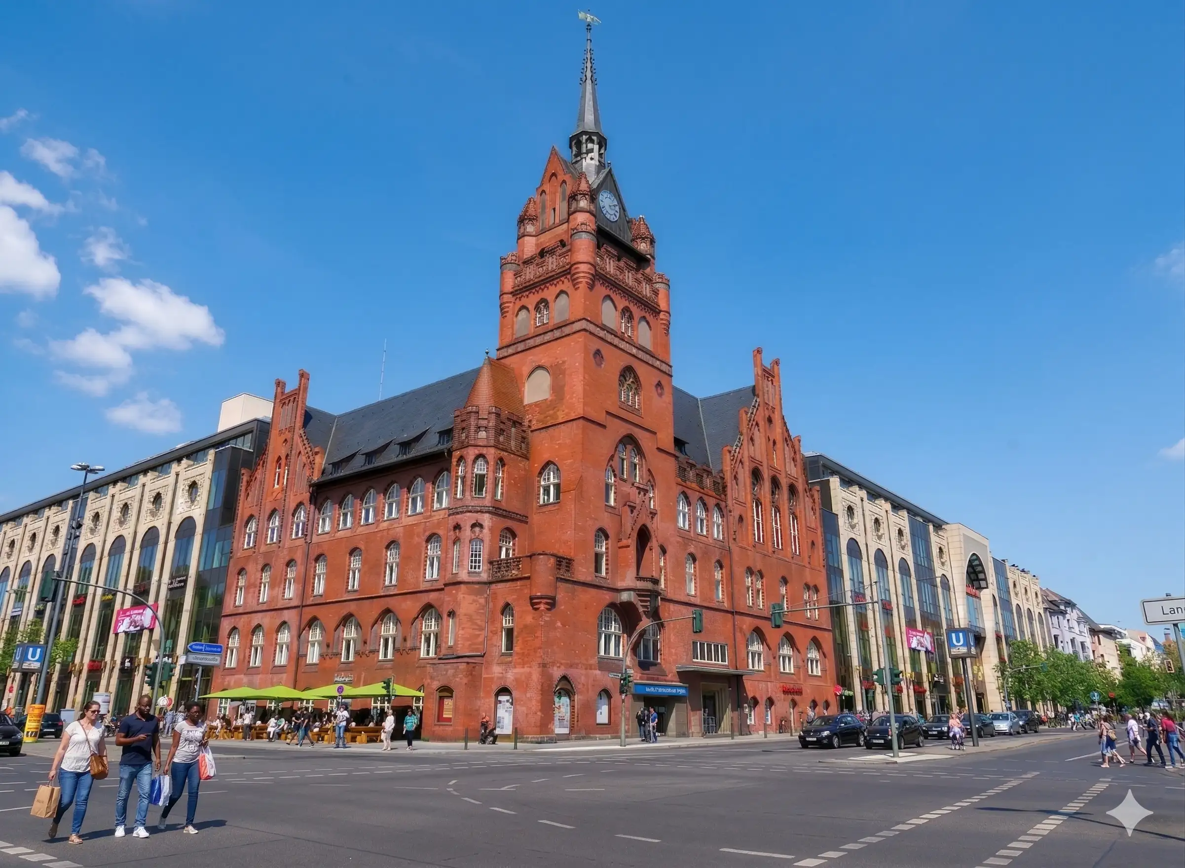 Eine weitwinklige Außenansicht des historischen, roten Backstein-Rathauses Steglitz in Berlin an einem sonnigen Tag mit Passanten auf dem Bürgersteig im Vordergrund.