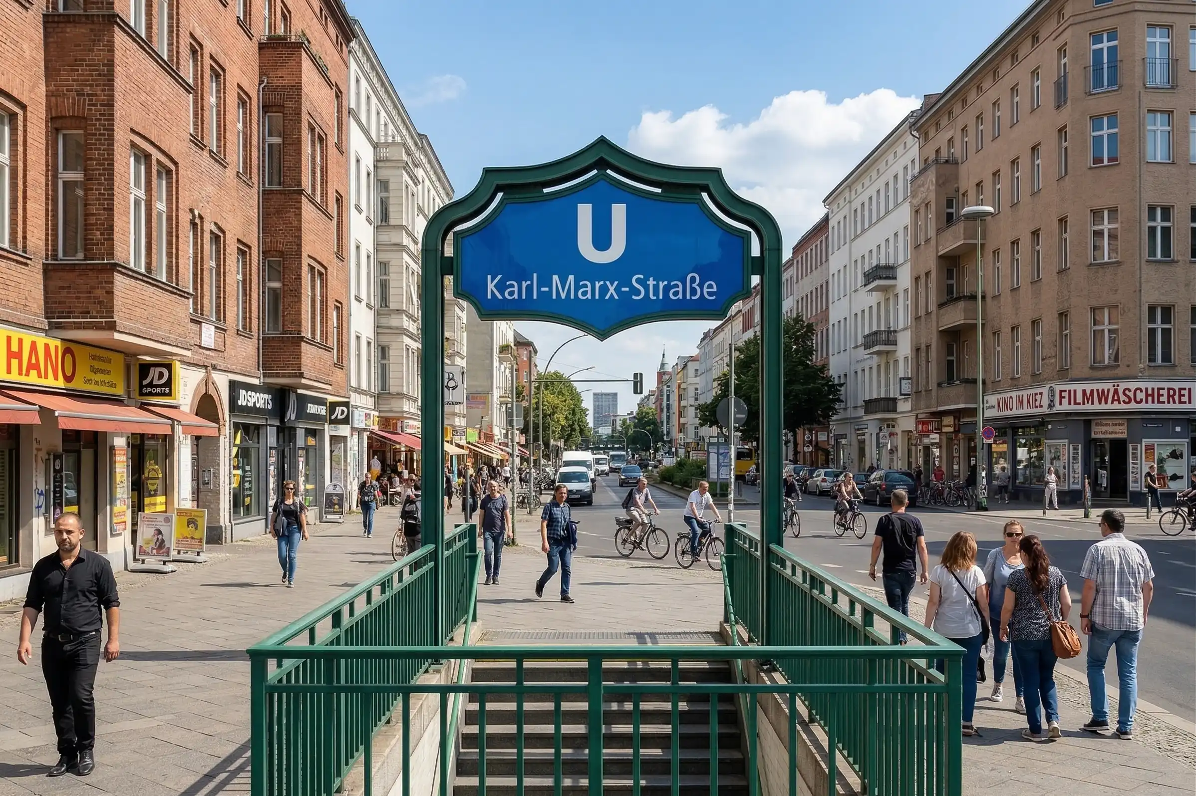 Blick auf den grünen U-Bahnhof Karl-Marx-Straße (U7) in Berlin-Neukölln. Unsere Umzugshelfer in Neukölln kennen die Karl-Marx-Straße und Umgebung in- und auswendig, um 100% Service und Leistung für Ihren Umzug zu garantieren.