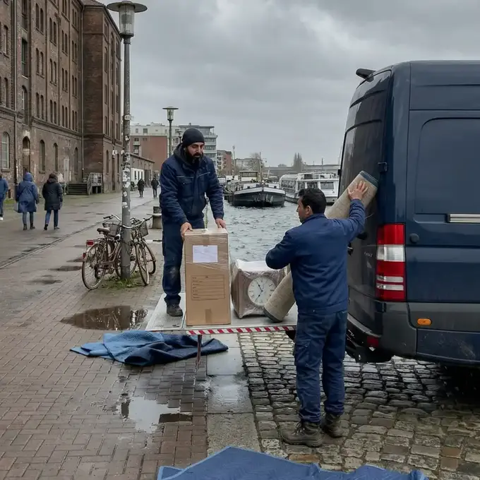 Zwei Umzugshelfer in Arbeitskleidung beladen einen blauen Sprinter an der Uferpromenade des Tempelhofer Hafens unter grauem Berliner Himmel. Im Hintergrund sind historische Backstein-Speicherbauten zu sehen.
