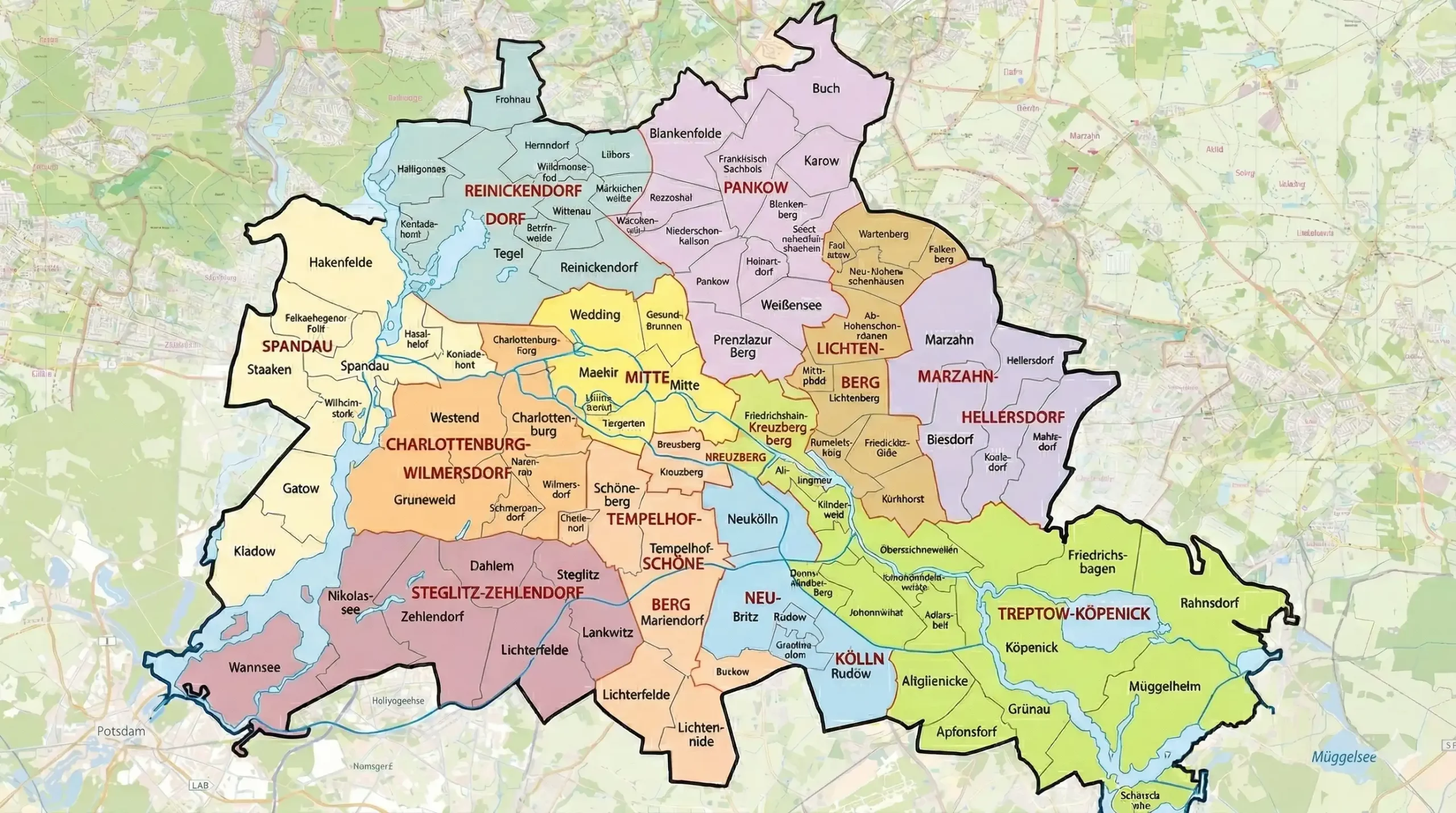 Illustrierte Landkarte von Berlin mit farblich hervorgehobenen Bezirken für die Umzugsplanung.