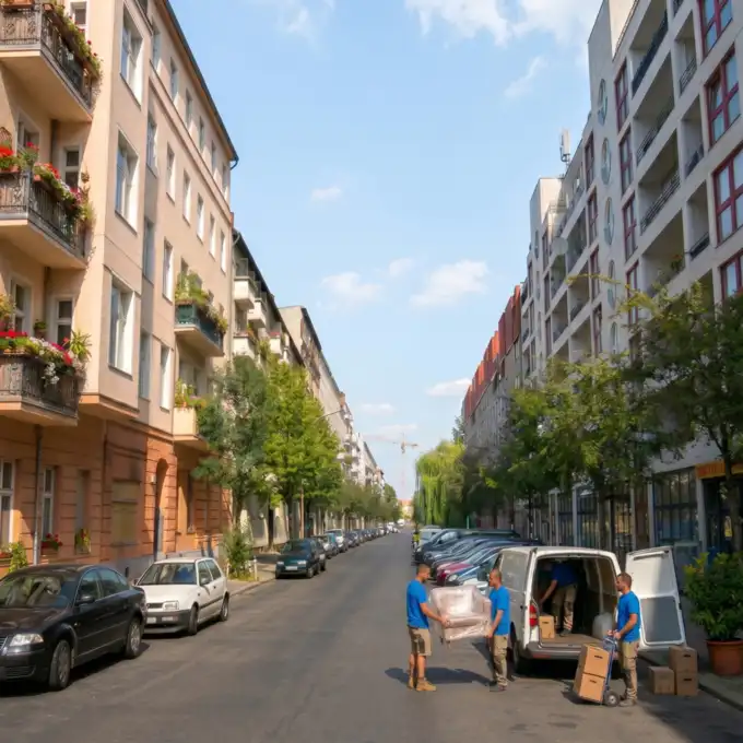 Umzugshelfer in blauen T-Shirts entladen einen weißen Transporter in der Graefestraße in Berlin-Kreuzberg – professioneller Umzugsservice im Kiez.