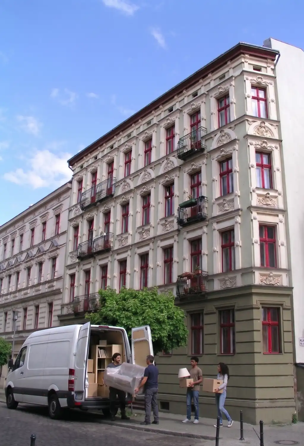 Saniertes Gründerzeithaus in der Pfarrstraße, Victoriastadt Berlin-Lichtenberg, während eines Umzugs mit Sprinter und Umzugshelfern.
