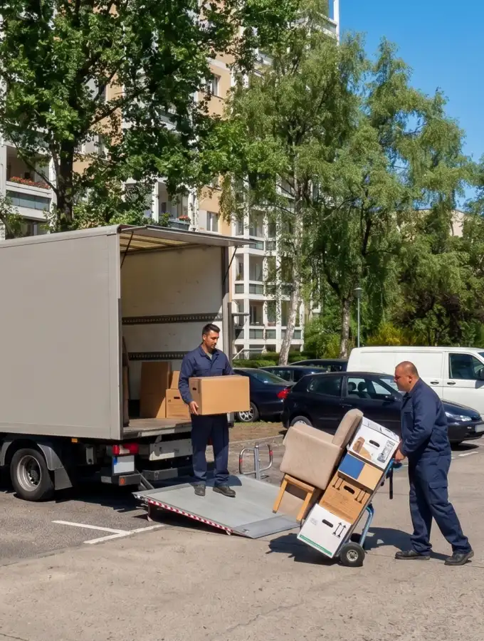 Umzugshelfer von Berlinumzugpro in dunkelblauer Arbeitskleidung beim Entladen eines LKW vor einem Hochhaus am Blumberger Damm in Berlin-Marzahn.