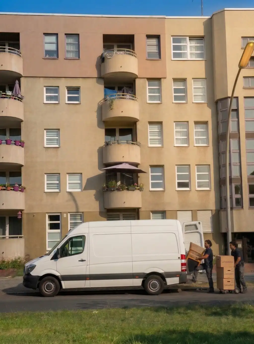Weißer Umzugstransporter und Möbelpacker beim Ausladen vor einem Wohnblock mit halbrunden Balkonen in der Lindauer Allee, Berlin-Reinickendorf.
