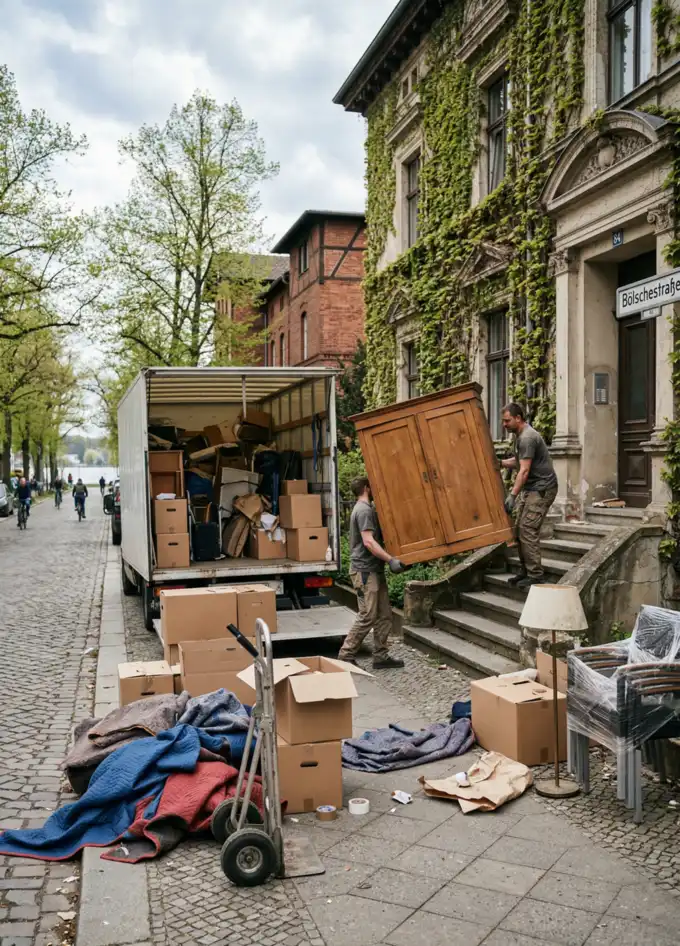 Professionelles Umzugsteam beim Verladen von Möbeln und Kartons vor einer sanierten Villa in der Bölschestraße, Berlin-Friedrichshagen.