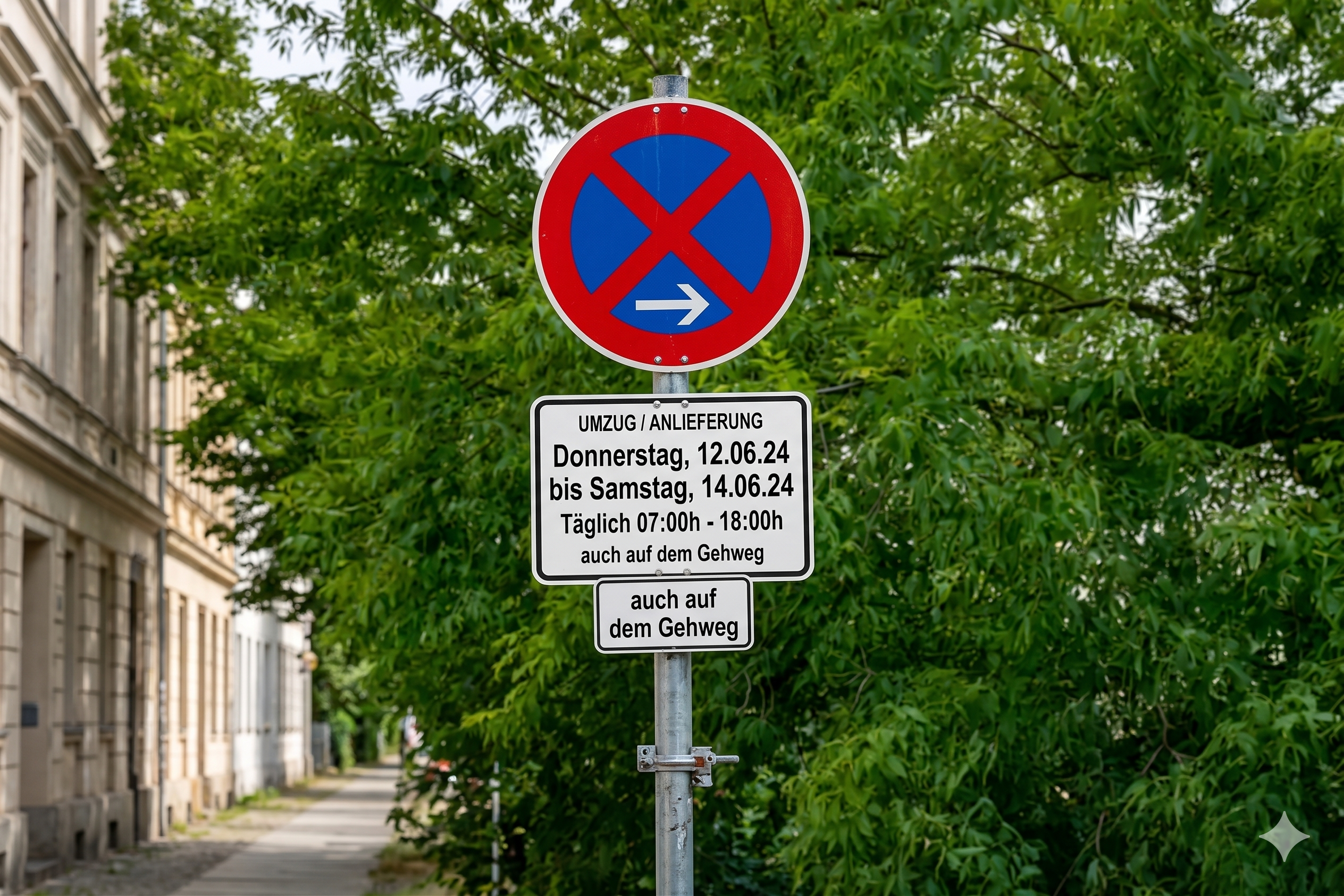 Halteverbotsschild für eine Umzugszone am Straßenrand in Berlin