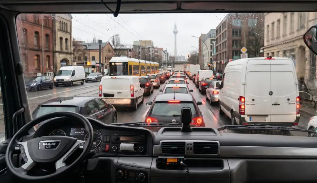Blick aus der Fahrerkabine eines LKW auf einen dichten Stau im Berliner Stadtverkehr mit Blick auf den Fernsehturm zur Veranschaulichung von Kostensteigerungen beim Umzug nach Stundensatz.