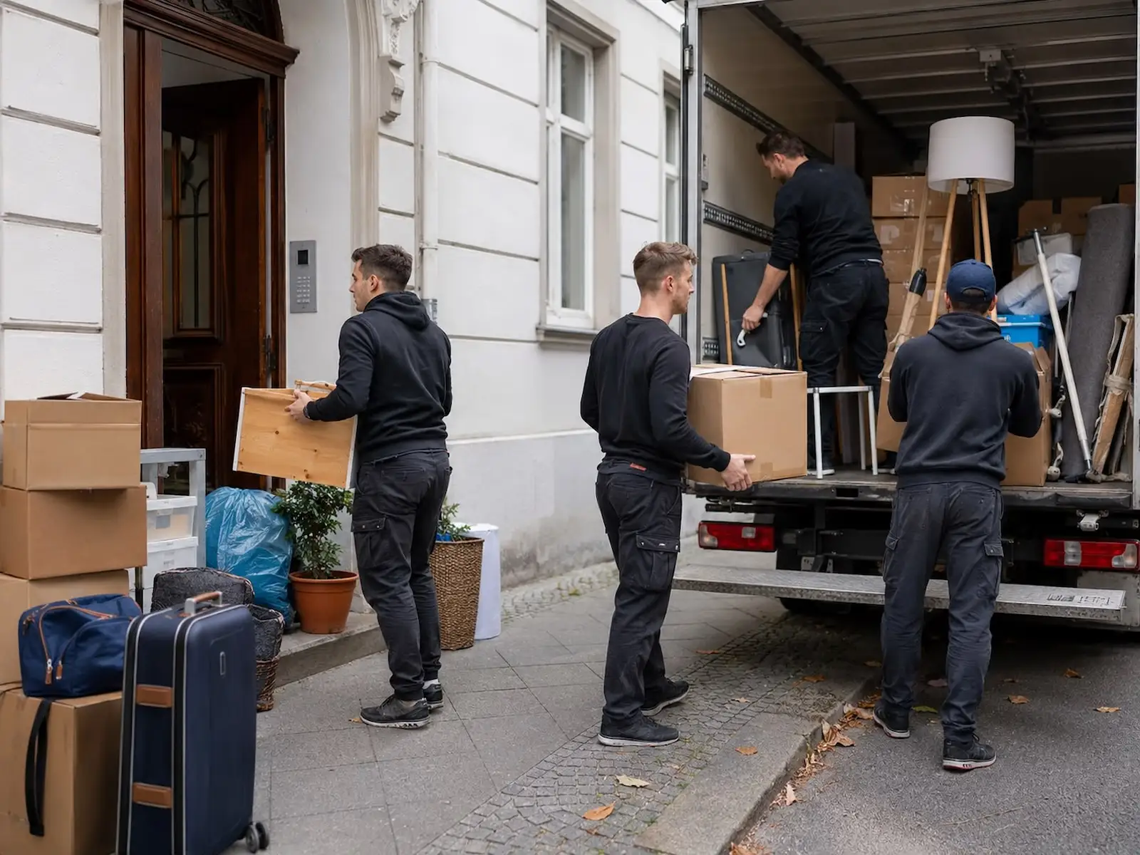 Umzugshelfer beim Studentenumzug in Berlin beladen einen LKW