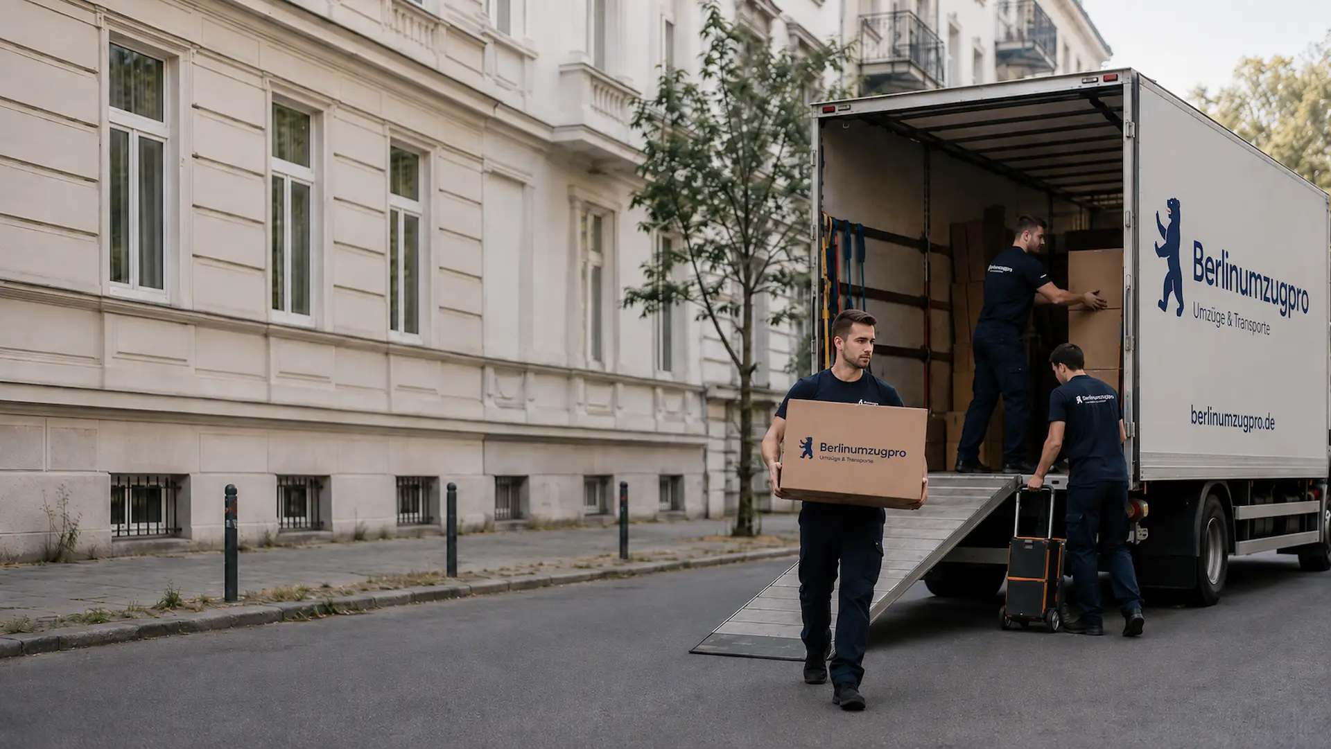 Team von BerlinUmzugPro belädt einen Umzugs-LKW vor einem Berliner Altbau